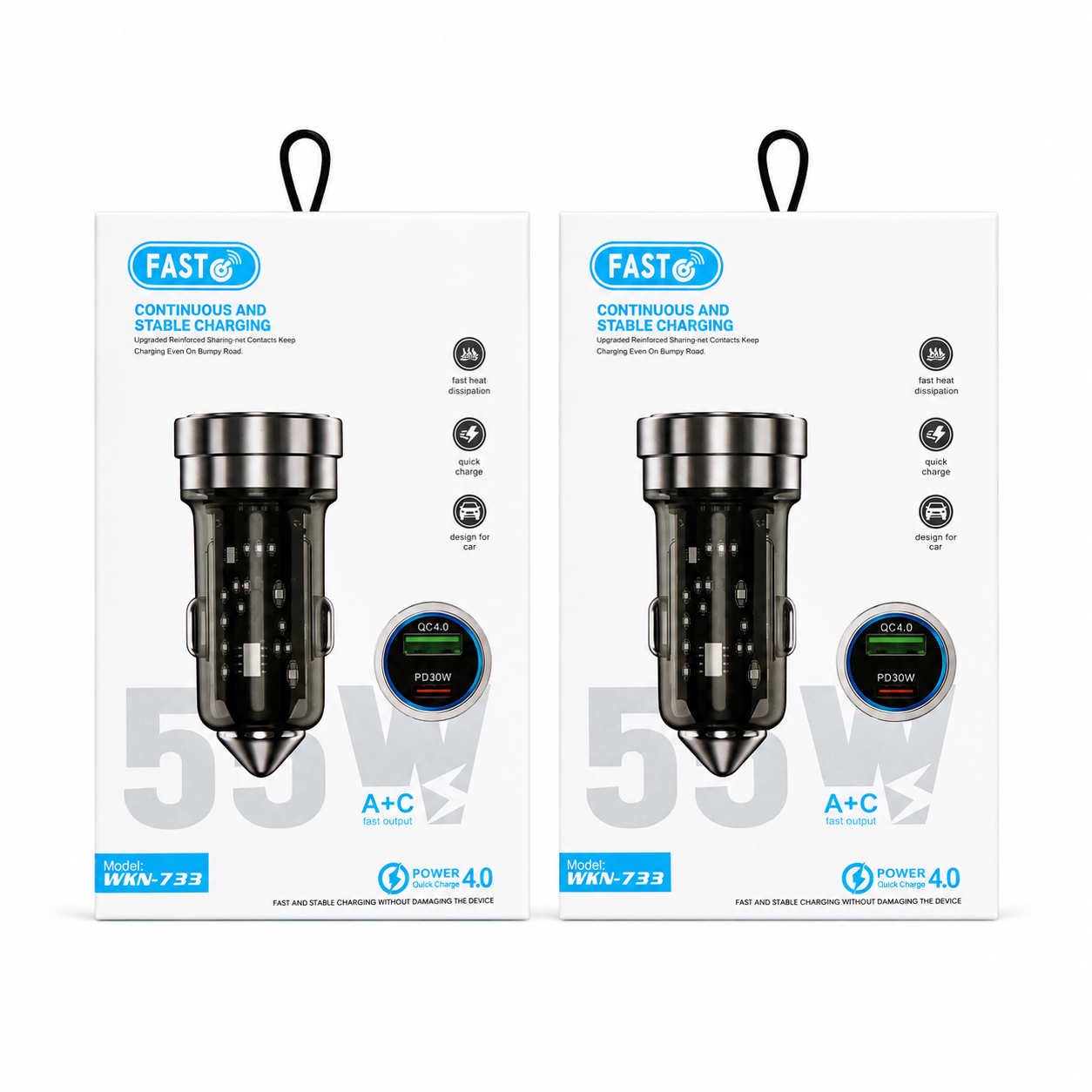 شارژر فندکی خودرو WKN-733 توان 55 وات | دو خروجی USB و Type-C | PD